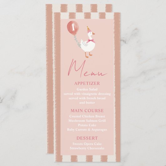 Kleine Gekke Gans Roze Ballon Meisje 1e Verjaardag Menu (Voorkant / Achterkant)
