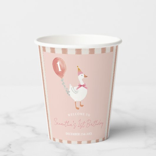 Kleine Gekke Gans Roze Ballon Meisje 1e Verjaardag Papieren Bekers (Achterkant)