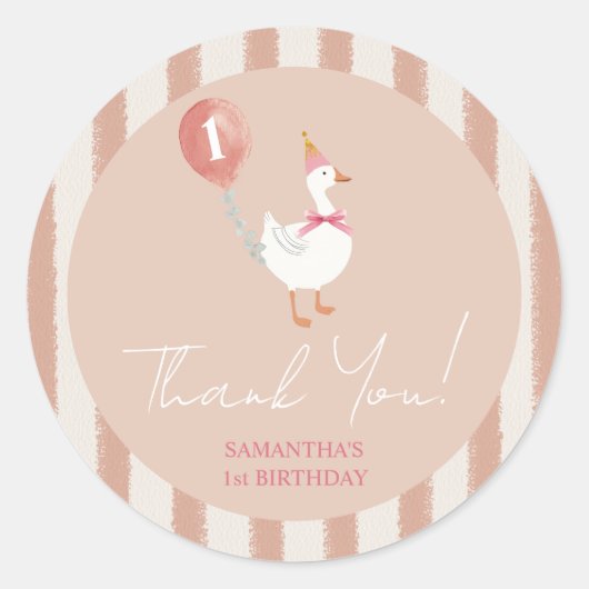 Kleine Gekke Gans Roze Ballon Verjaardag Bedankt Ronde Sticker (Voorkant)