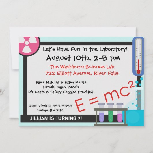 Kleine gekke wetenschappers verjaardag uitnodiging (Achterkant)