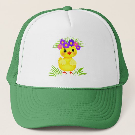 Kleine gele eend met bloemen trucker pet (Voorkant)