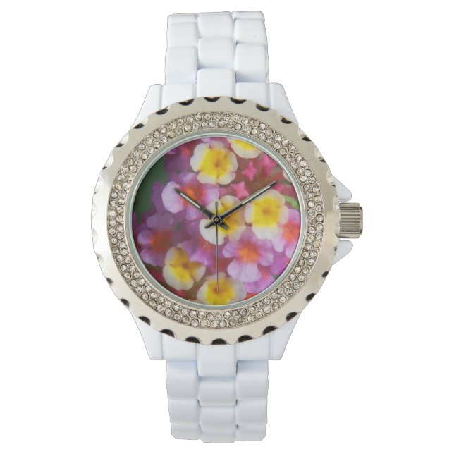 Kleine gele roze en Paarse tropische bloemen Horloge (Voorkant)