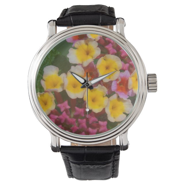 Kleine gele tropische bloemen met roze knoppen horloge (Voorkant)