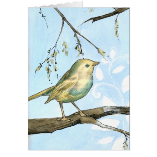 Kleine gele vogel die op een Tak wordt uitgevoerd  (Voorkant)