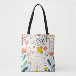 Kleine gelukkige kat en bloemen illustratie tote bag
