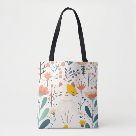 Kleine gelukkige kat en bloemen illustratie tote bag (Voorkant)