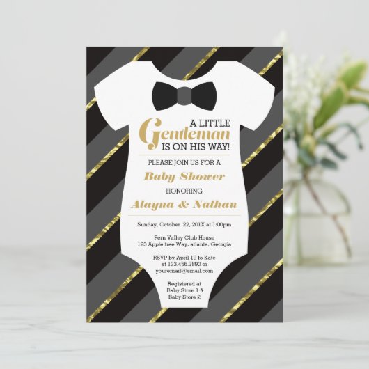 Kleine Gentleman Baby shower Invitation, Faux Gold Kaart (Staand voorkant)