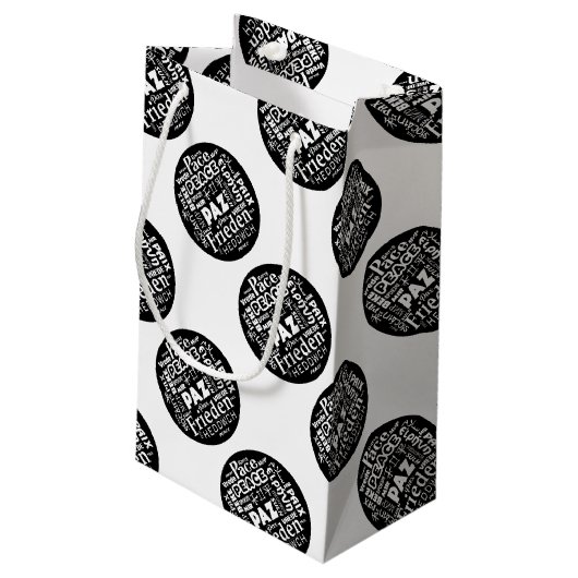 Kleine geschenkzak vrede ontwerp in meerdere talen klein cadeauzakje (Achterkant Gekanteld)
