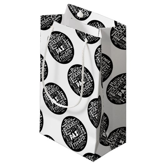 Kleine geschenkzak vrede ontwerp in meerdere talen klein cadeauzakje (Voorkant Gekanteld)