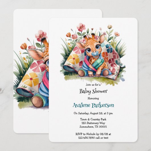 Kleine Giraffe Fopspeen en Deken Baby shower Kaart (Voorkant / Achterkant)
