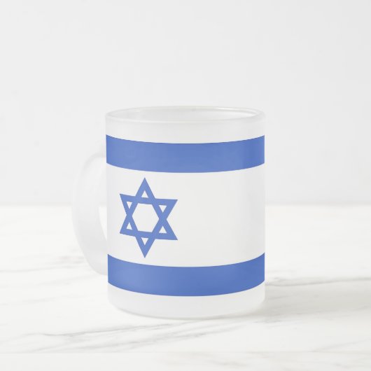 Kleine glazen mok met Israëlische vlag (Voorkant links)