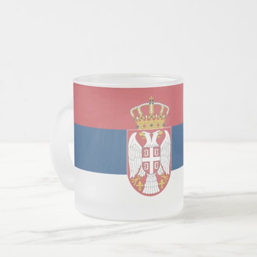 Kleine glazen mok met vlag van Servië (Voorkant links)