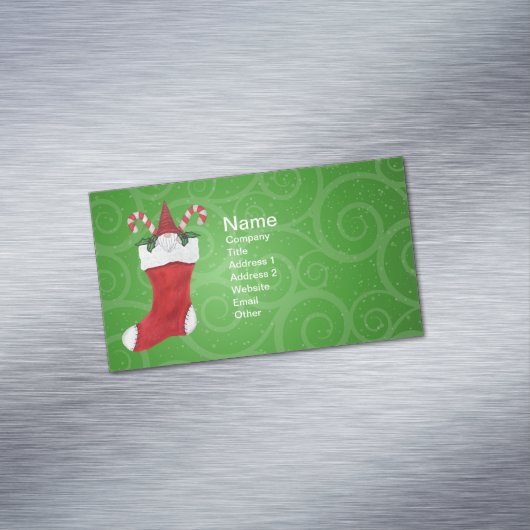 Kleine Gnome rood Pet in Christmas Stocking Green Magnetisch Visitekaartje (Voorbeeld)