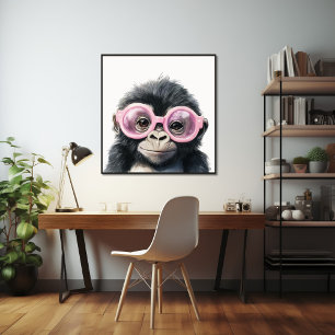 Kleine gorilla met roze bril Poster