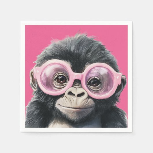 Kleine Gorilla met roze bril - Roze achtergrond Servet (Voorkant)