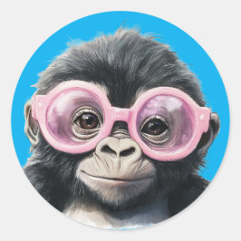 Kleine Gorilla met Roze Brillen Donkerblauwe Backg Ronde Sticker