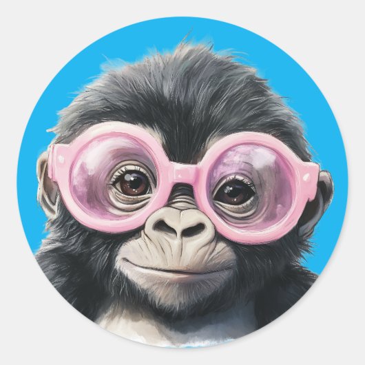 Kleine Gorilla met Roze Brillen Donkerblauwe Backg Ronde Sticker (Voorkant)