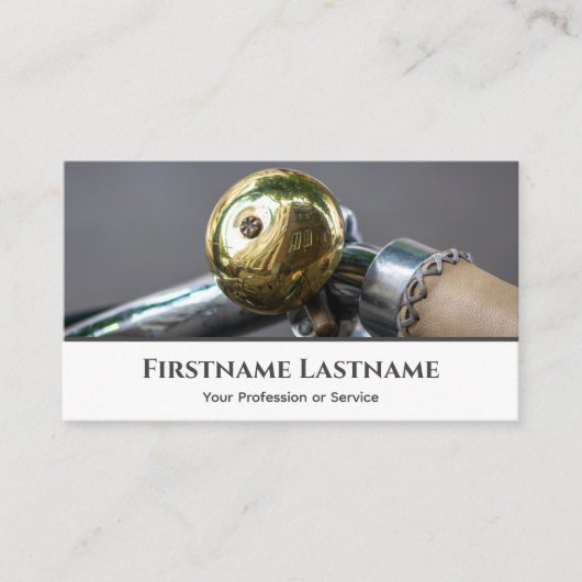 Kleine gouden fietsbel voor fietsenreparatiewinkel visitekaartje (Voorkant)