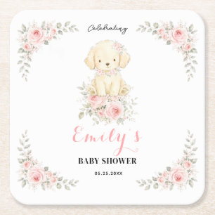 Kleine Gouden Meisje Baby Shower Bloemige Puppy Kartonnen Onderzetters
