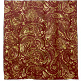 Kleine goudpaisley tegen een donkerrode achtergron douchegordijn (Voorkant)