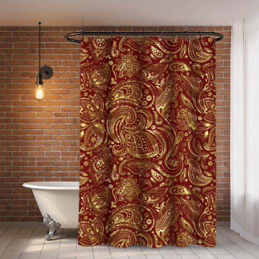 Kleine goudpaisley tegen een donkerrode achtergron douchegordijn