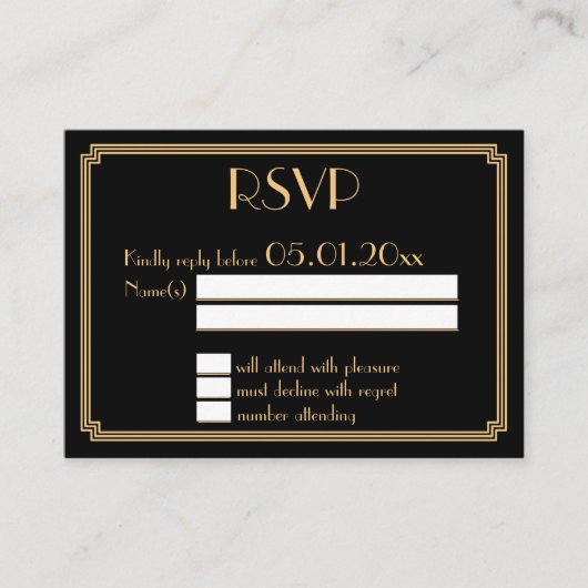 Kleine Great Gatsby Art Deco Zwarte Trouw RSVP Informatiekaartje (Voorkant)