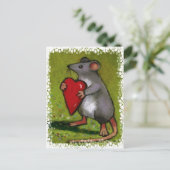 Kleine grijze muis met rood hart: Oliepastel Briefkaart (Staand voorkant)