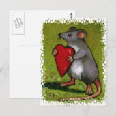 Kleine grijze muis met rood hart: Oliepastel Briefkaart (Voorkant / Achterkant)