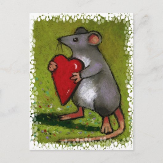 Kleine grijze muis met rood hart: Oliepastel Briefkaart (Voorkant)