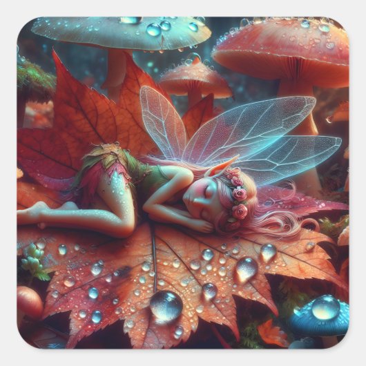 Kleine grillige fee slapen op een blad vierkante sticker (Voorkant)