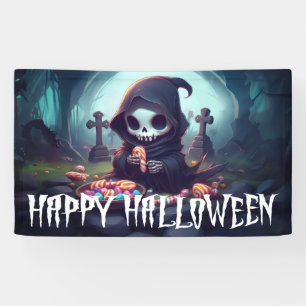 Kleine Grim Reaper Met Snoep Gelukkig Halloween Spandoek