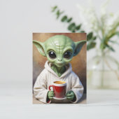 Kleine groene alien in PJ's met een koffie Briefkaart (Staand voorkant)