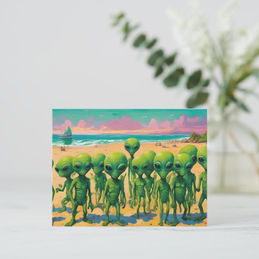 Kleine groene mannen buitenaardse wezens op een st briefkaart (Staand voorkant)