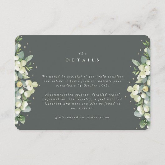 Kleine groene Sneeuwbes + Eucalyptus Trouwdetails Informatiekaartje (Voorkant)