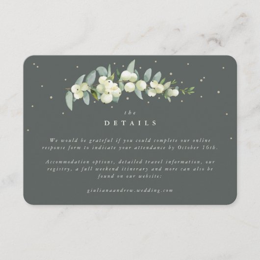 Kleine Groene Snowberry+Eucalyptus Bruiloft Detail Informatiekaartje (Voorkant)