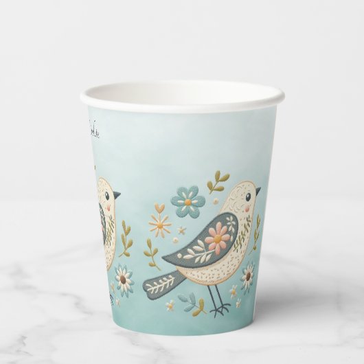 Kleine Groene Vogel Bloemen Papieren Kopjes Papieren Bekers (Achterkant)