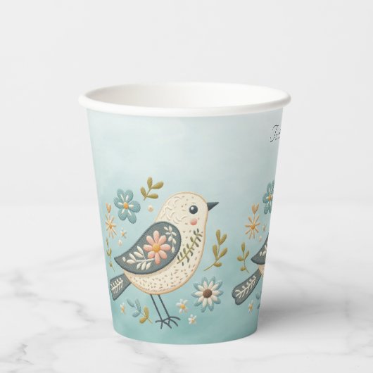 Kleine Groene Vogel Bloemen Papieren Kopjes Papieren Bekers (Voorkant)