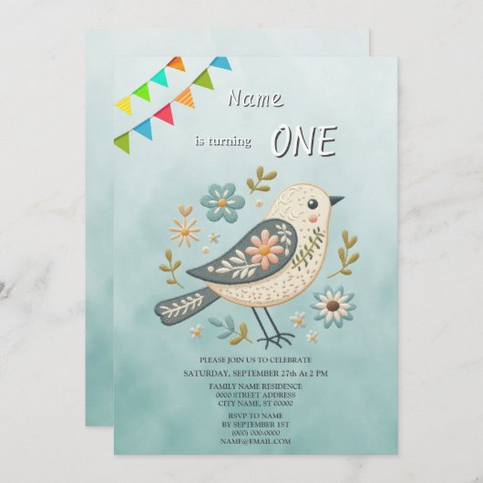 Kleine Groene Vogel Bloemen Verjaardagsfeest Uitno Kaart (Voorkant / Achterkant)