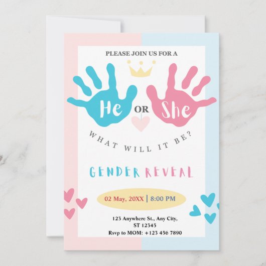 Kleine handen, grote verrassing: een roze en blauw kaart (Voorkant)