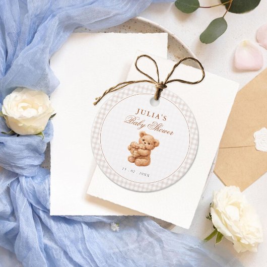 Kleine Hart Bruine Gingham Teddybeer Baby Shower Bedankjes Labels
