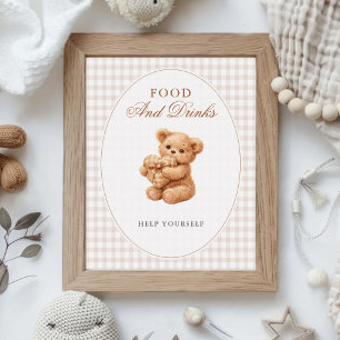 Kleine Hart Bruine Gingham Teddybeer Baby Shower Poster