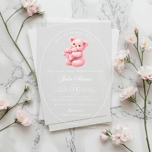 Kleine Hart Roze Gingham Teddybeer Baby Shower Acryl Uitnodigingen