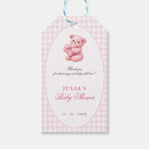 Kleine Hart Roze Gingham Teddybeer Baby Shower Cadeaulabel