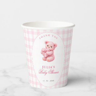 Kleine Hart Roze Gingham Teddybeer Baby Shower Papieren Bekers