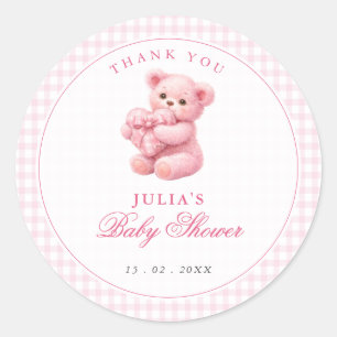 Kleine Hart Roze Gingham Teddybeer Baby Shower Ronde Sticker