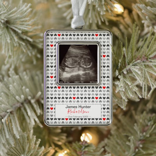 Kleine harten Sonogram Baby's eerste kerstboom Verzilverd Omlijst Ornament (Boom)