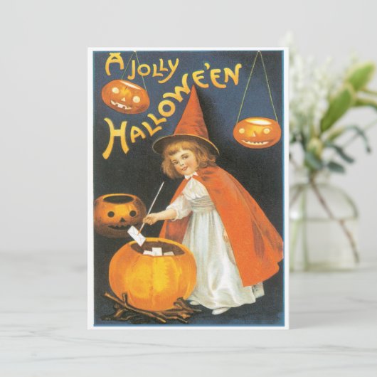 kleine heks boilend Trouble Halloween Kaart (Staand voorkant)