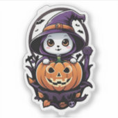 Kleine heks en haar Halloween pompoen Sticker (Voorkant)