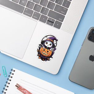 Kleine heks en haar Halloween pompoen Sticker