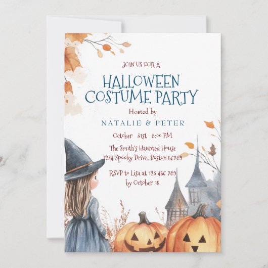 Kleine heks en kasteel Halloween kostuumfeest Kaart (Voorkant)